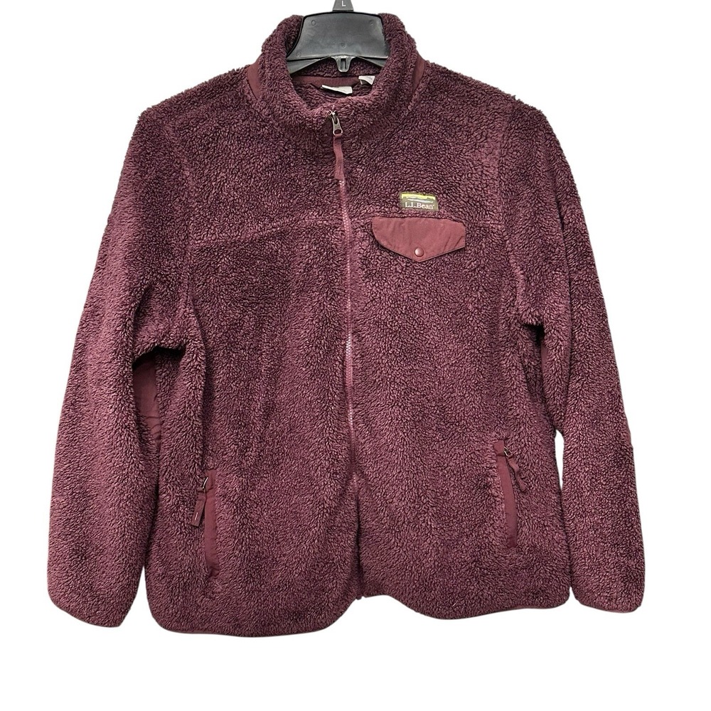 LL Bean Women High Pile Fleece Full Zip Jacket Plus Size 1X Burgundy Pockets